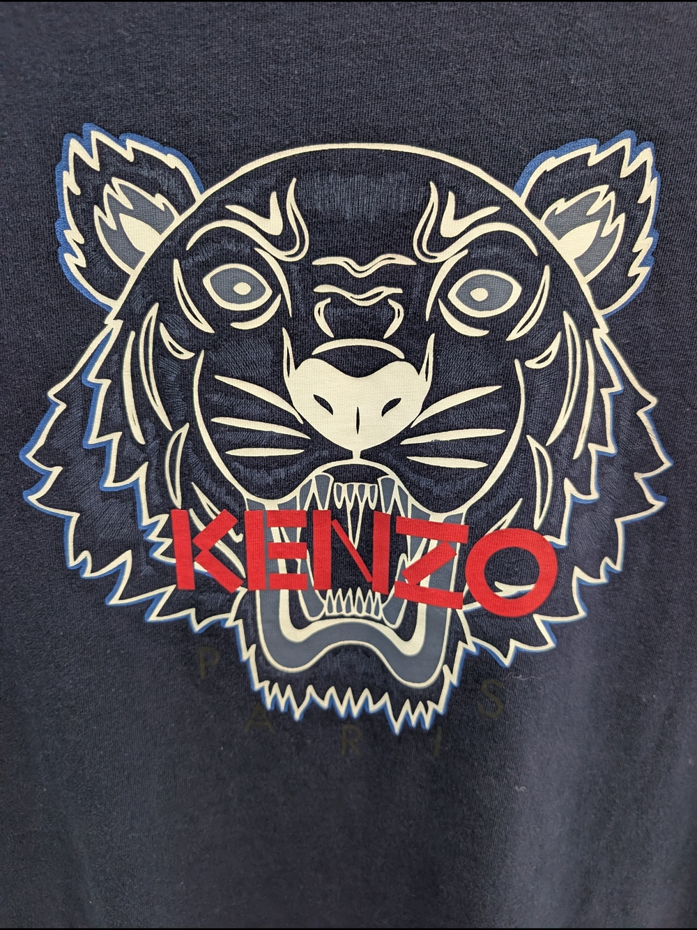 Kenzo Black Tee with Cream & Blue Tiger Graphic and Red Logo